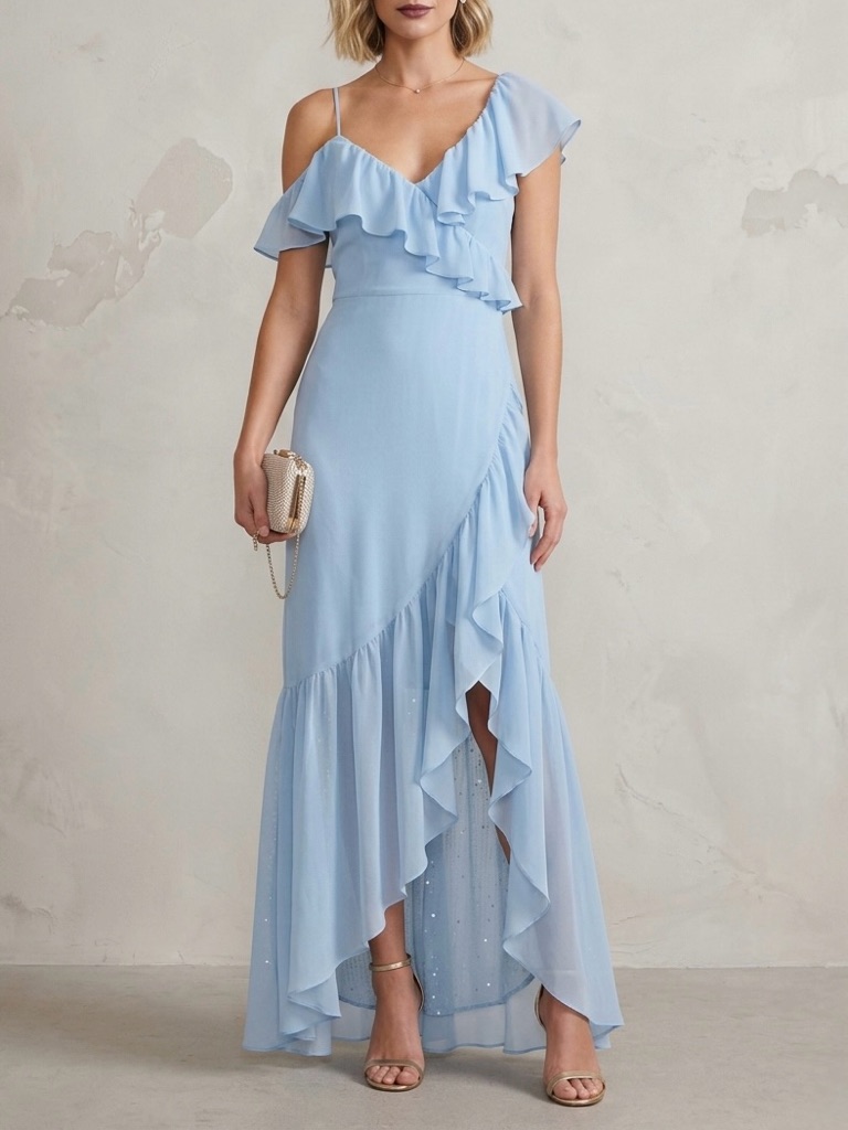 Lovers + Friends Karen Ruffle Wrap Maxi Dress Baby Blue Size M